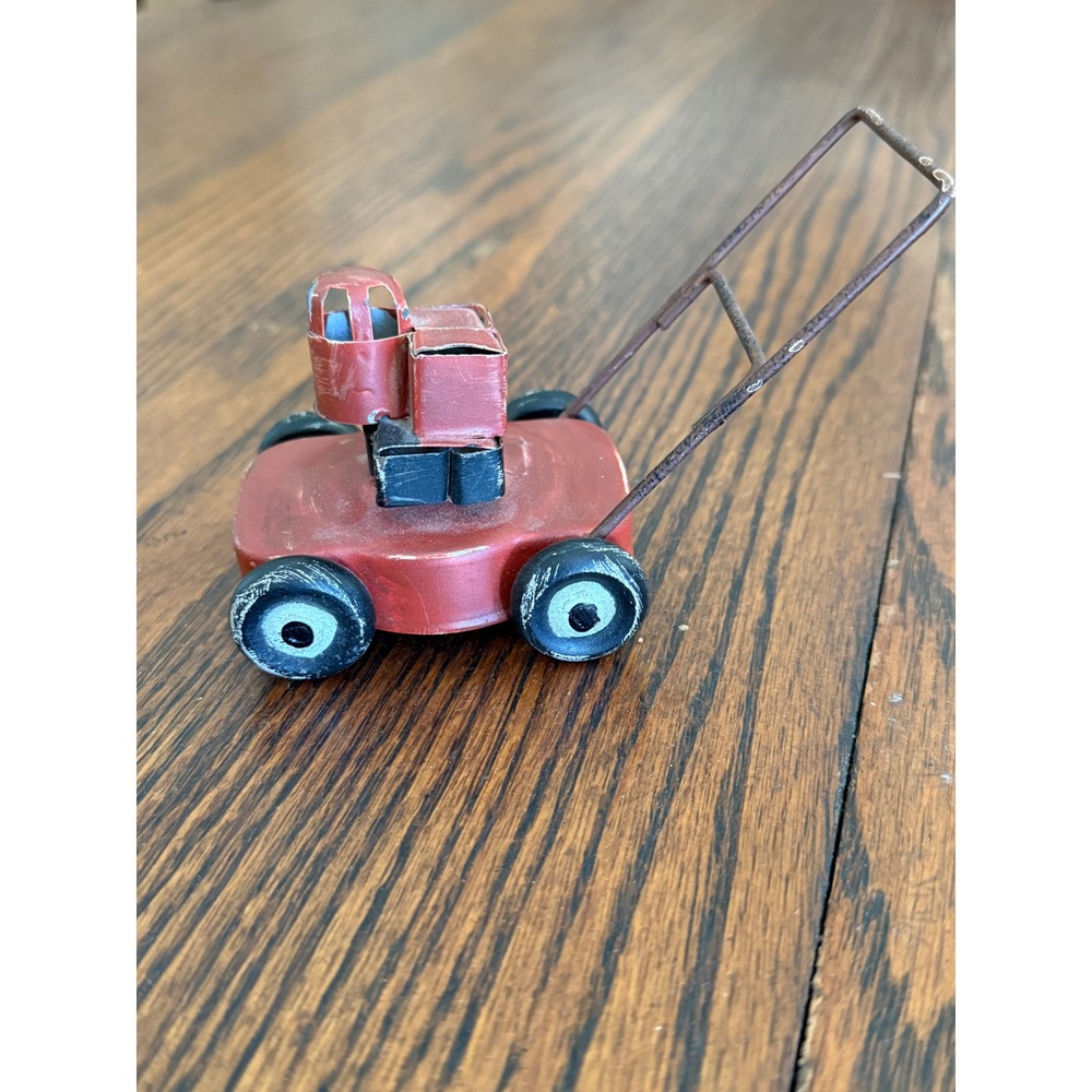Vintage Miniature Red Metal Lawn Mower Figurine Rustic Dollhouse Garden Decor